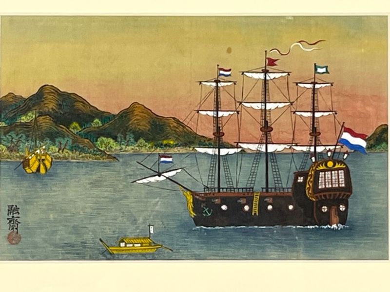 Vintage Japanese Folk Art Painting on Silk of Dutch Trading Galleon - Image 2