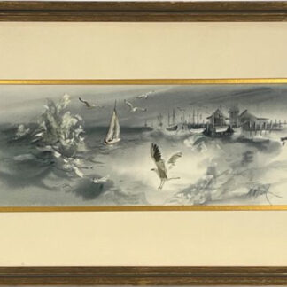 Framed coastal watercolor of Mildred Wyatt's coastal scene