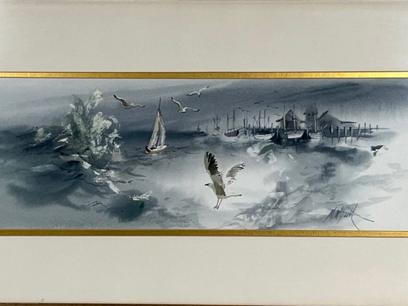 Harbor, sailboat and gulls detail of Mildred Wyatt's coastal scene