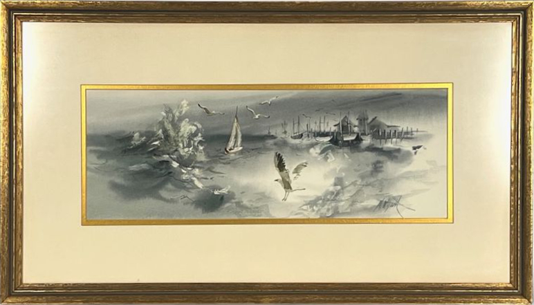 Framed coastal watercolor of Mildred Wyatt's coastal scene
