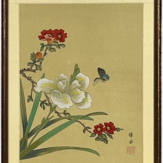 Framed floral and butterfly painting on gold silk by an unknown artist, with patterned fabric mat