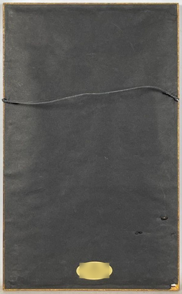 Back of the framed painting showing hanging wire, framer label, small backing punctures and corner wear