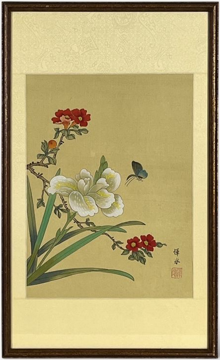 Framed floral and butterfly painting on gold silk by an unknown artist, with patterned fabric mat