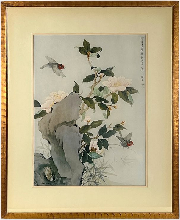 Full framed view of Tong Shiang Chang — Birds and Flowers, Framed Watercolor-Style Print