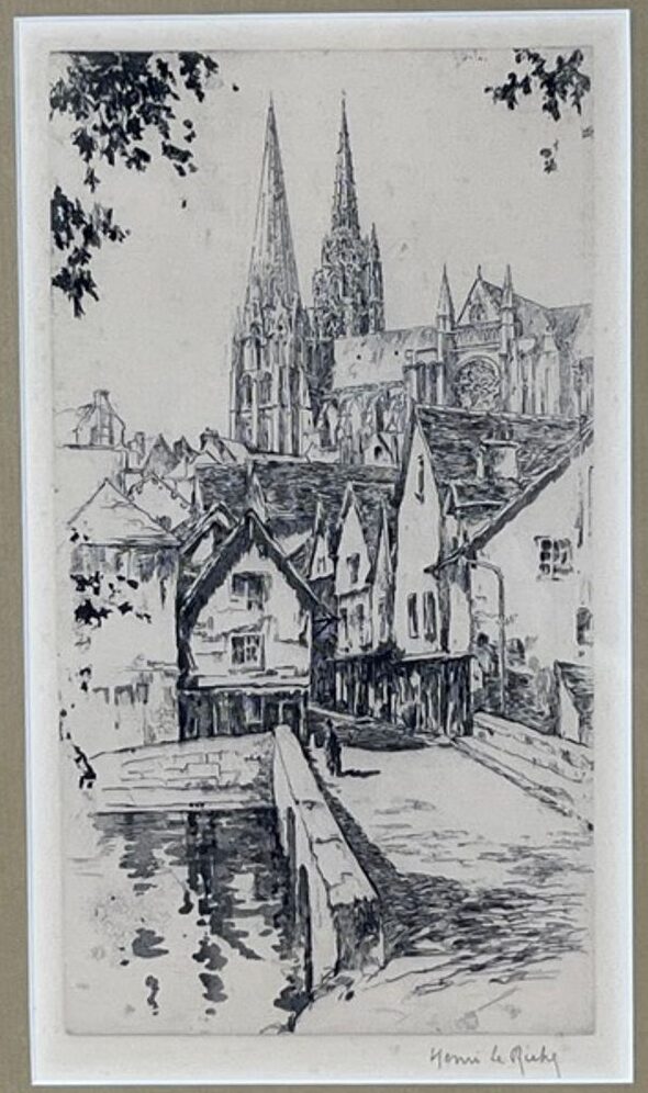 Artwork detail of Henri Le Riche — Chartres Cathedral, Pencil-Signed Framed Engraving