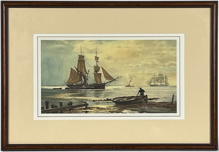 Full framed view of Victor Mays — Collier Brig and Barge, Signed Limited Edition 254/550, 1986