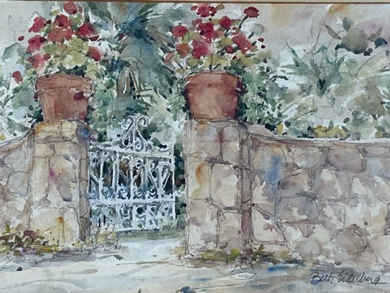 Artwork detail of Beth Eidelberg — Garden Gate with Potted Geraniums, Original Watercolor and Pencil
