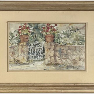 Full framed view of Beth Eidelberg — Garden Gate with Potted Geraniums, Original Watercolor and Pencil