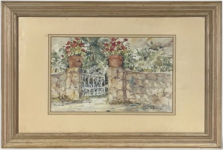 Full framed view of Beth Eidelberg — Garden Gate with Potted Geraniums, Original Watercolor and Pencil