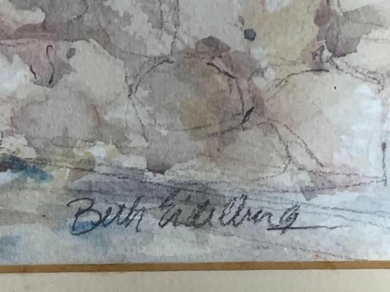 Signature or artist-name detail of Beth Eidelberg — Garden Gate with Potted Geraniums, Original Watercolor and Pencil