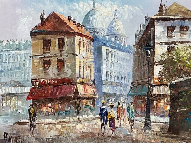 Artwork detail of Caroline Burnett — Paris Street Scene with Sacré-Cœur, Framed Oil on Canvas