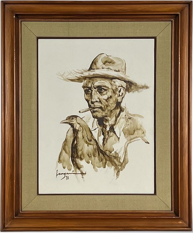 Filipino Man with Rooster, complete framed view