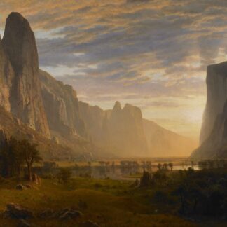 Looking Down Yosemite Valley, California by Albert Bierstadt, with golden light between towering granite cliffs.